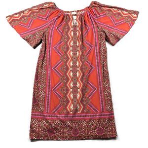Chicos Mixed Print Boho Dress Flutter Sleeves Flirty Orange Pink Size 1/Med E154